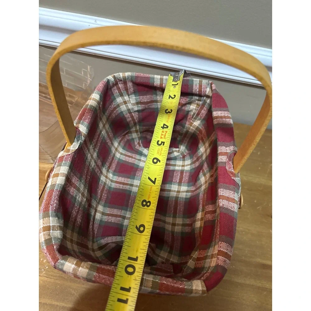 Handwoven Wood Splint Basket with Red Plaid Liner and Plastic Protector Honey